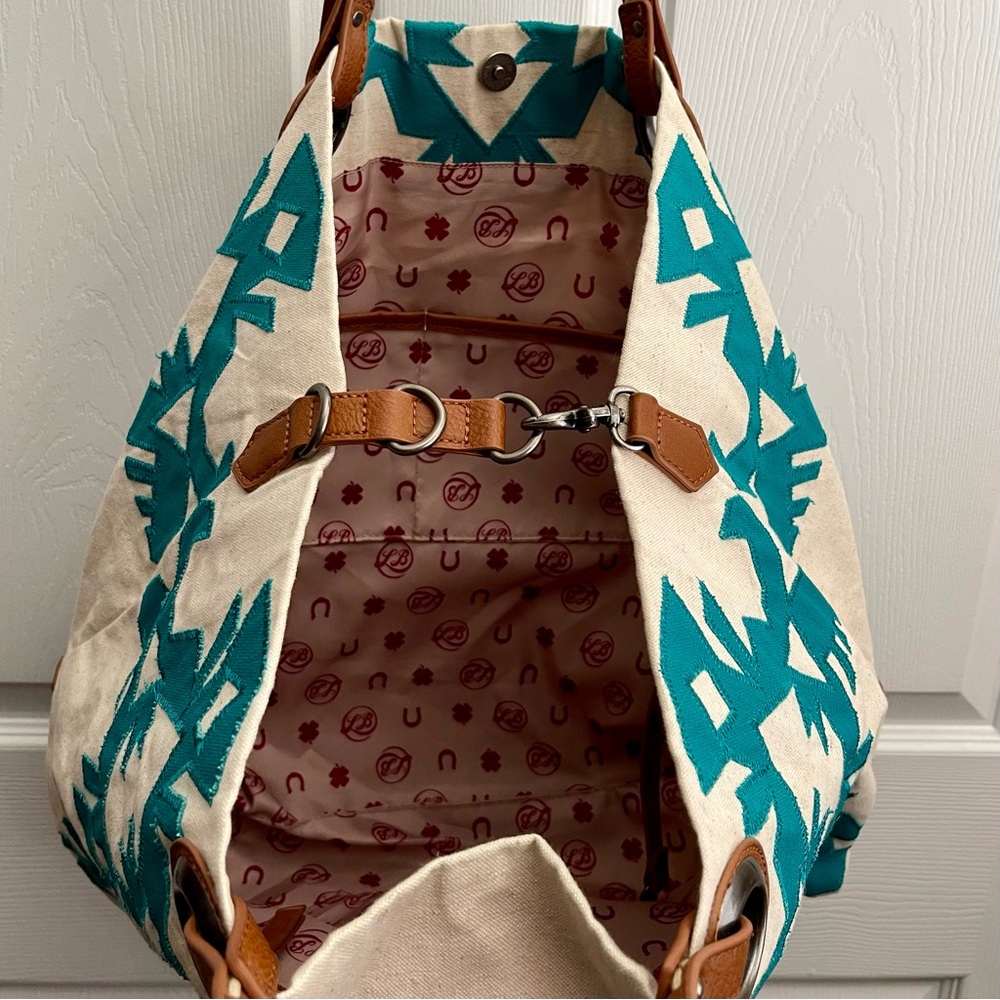 LUCKY BRAND SOUTHWEST INSPIRED COVINA CANVAS TOTE TURQUOISE AND CREAM LIKE NEW - Picture 8 of 16